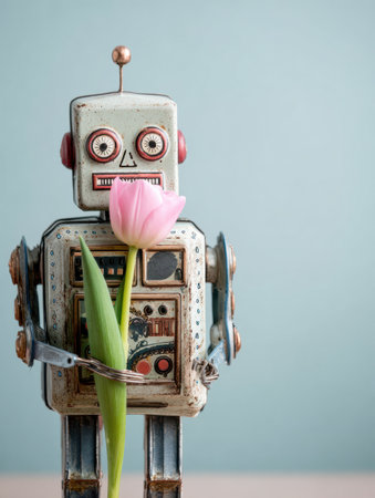 A vintage robot sculpture gently holds a pink tulip, offering a whimsical touch in a bright, clean setting.の素材