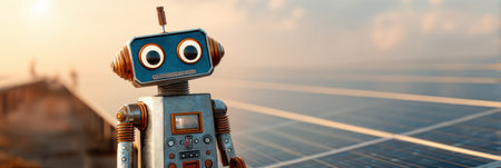 A friendly robot poses in front of solar panels at sunset, representing the fusion of technology and renewable energy.の素材