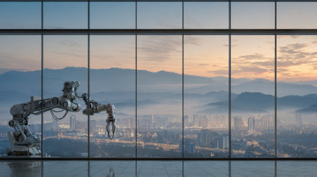 A robotic arm reaches out to a glass window, showcasing a breathtaking sunrise skyline and distant mountains.の素材