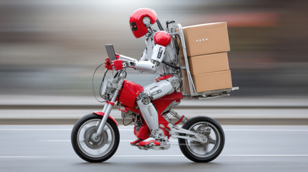 A humanoid robot rides a red motorcycle on a road with delivery boxes attached.の素材