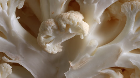 Cauliflower features delicate florets and stems, showing natural patterns and textures in a bright setting.の素材