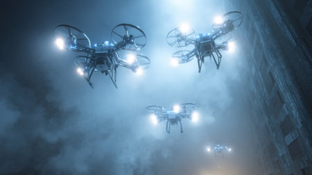 Several drones fly with their lights on. The scene appears to be in a city on a cloudy day, viewed from a low angle.の素材