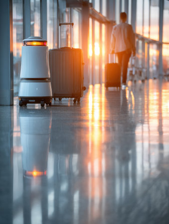 A traveler carrying a suitcase walks by an automated service robot in an airport corridor as the sun sets.の素材