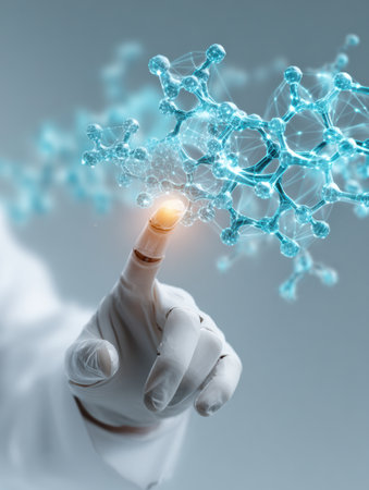 A gloved hand engages with vibrant molecular models in a sleek, modern lab, highlighting innovation and discovery.の素材