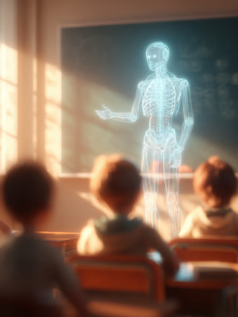 Students observe a virtual skeleton as a teacher explains human anatomy in a bright classroom filled with sunlight.の素材