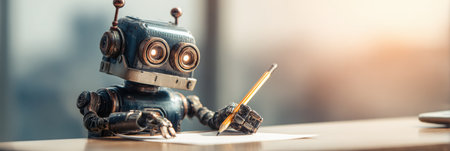 A small robot creatively writes notes with a pencil in a modern office setting.の素材