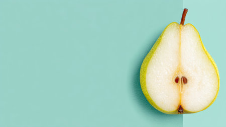 A bright green pear half reveals juicy white flesh and brown seeds on a calming teal background.の素材