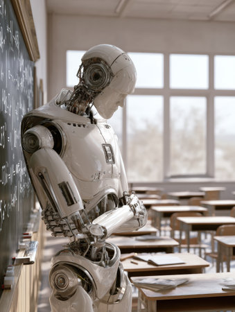 A humanoid robot stands in front of a chalkboard, contemplating its lesson while sunlight brightens the empty classroom.の素材