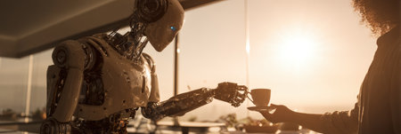 A robot hands a coffee cup to a person in a stylish cafe at sunset, illustrating the blend of technology and daily life.の素材