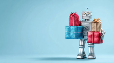 A cheerful robot carries several wrapped gifts, showcasing a playful holiday spirit in a light blue setting.の素材