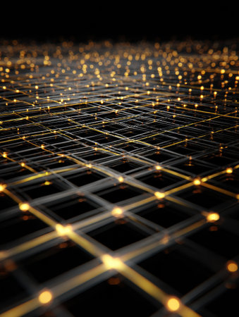 A dynamic grid lit by glowing gold lights against a dark backdrop creates a modern visual effect.の素材