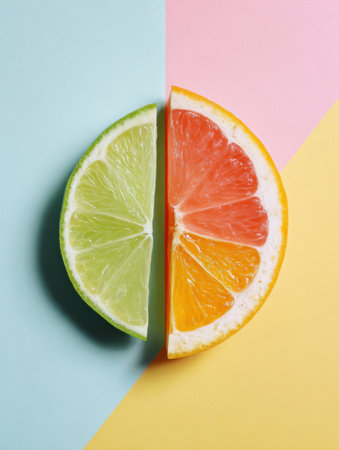 Bright lime and grapefruit halves are displayed on a pastel backdrop, creating a fresh and vibrant visual contrast.の素材
