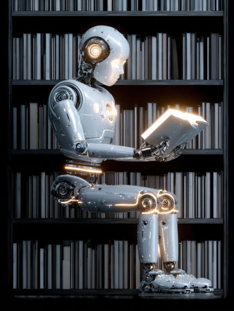 A robot sits on a shelf, intently reading a book in a modern library filled with digital features.の素材