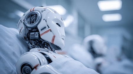 Robots are on display in a futuristic medical setting, highlighting advancements in healthcare technology and robotics.の素材