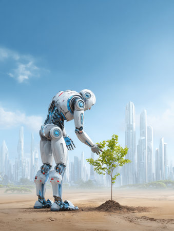 A robot plants a small tree in dry soil, showing technologies blend with environmental care in a city.の素材