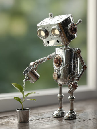 A shiny robot gently waters a small plant by a window, blending nature and technology indoors.の素材