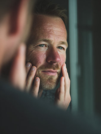 Man looks in a mirror, gently touching his face as he focuses on his skincare routine in a serene indoor space.の素材