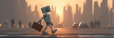 A small robot strolls through a vibrant city at sunset, carrying a briefcase amid people and cars.の素材