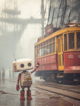 A small robot stands in the rain, waving beside a colorful vintage tram in a bustling city.の素材