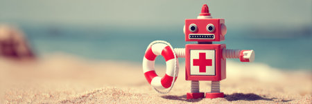 Colorful toy robot lifeguard stands on the beach with a life ring, ready for summer fun by the ocean.の素材