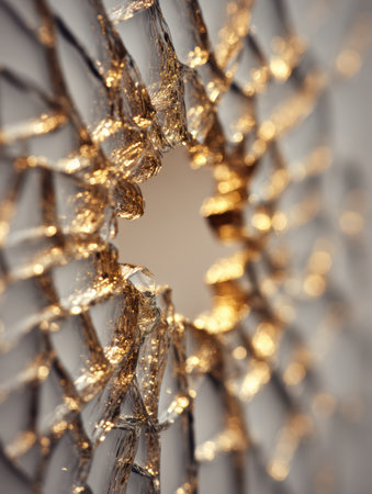 Shattered glass reveals stunning patterns and golden reflections, highlighting the beauty of illuminated breaks.の素材