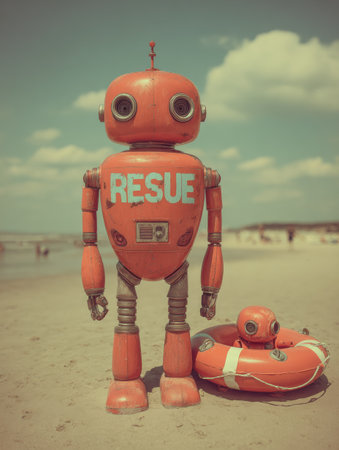A colorful robot lifeguard is positioned on the beach next to a rescue float.の素材