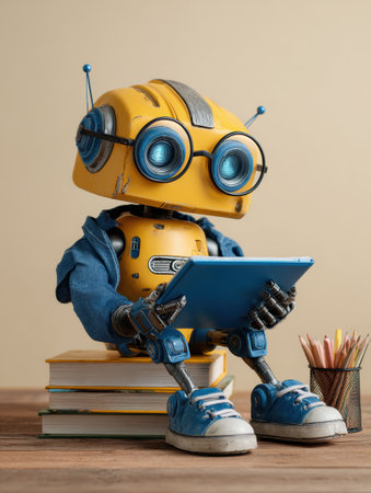 A clever robot with glasses and blue clothing engages with a tablet, surrounded by books and a pencil holder.の素材