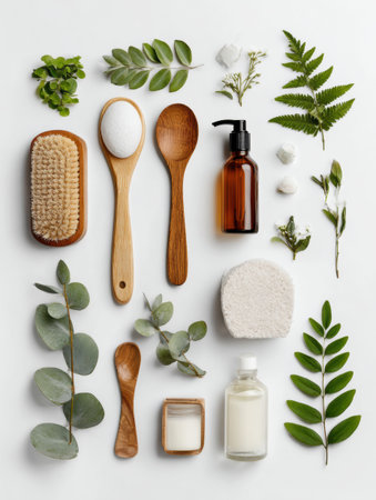Natural spa items like wood utensils, botanical leaves, and skincare products create a calming atmosphere.の素材