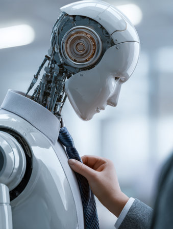 A humanoid robot is having its tie adjusted by a human in a contemporary office setting, showing advanced technology.の素材