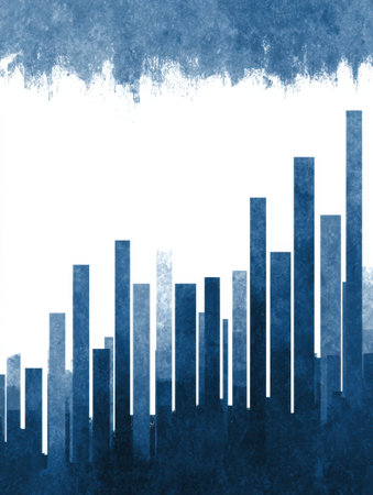 Vertical bars of varying heights depicting data trends on a textured blue and white background.の素材