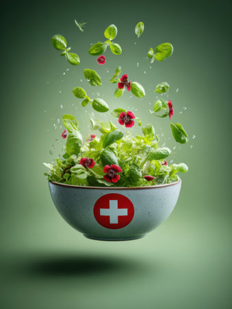 Fresh greens and colorful blooms arranged above a bowl create a lively display in a serene setting.の素材