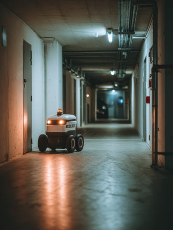 A small robot navigates a long, narrow corridor illuminated by soft lights, suggesting a late-night patrol.の素材