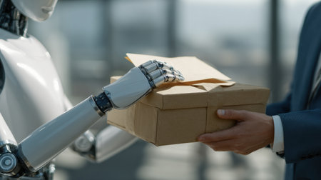 A humanoid robot receives a box from a person. It shows collaboration, delivery, or exchange.の素材