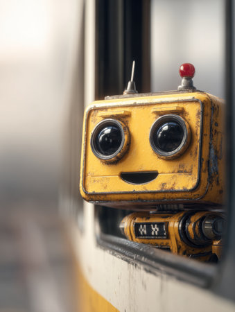 A cheerful yellow robot is curiously looking out of a window, enjoying the lively city atmosphere around it.の素材