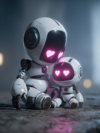 Two white robots with heart-shaped eyes sit together on a textured surface. They appear to be showing affection.の素材