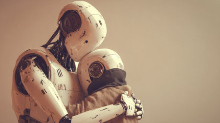 A robot gently embraces a child, showing care. They are indoors, with a plain background.の素材