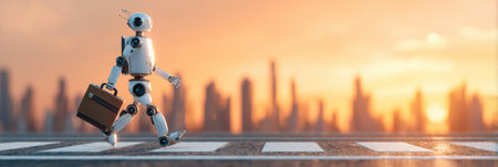 A robot carries a briefcase while crossing a street at sunset with city skyline in the background.の素材