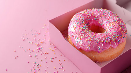 Delicious pink frosted donut covered with colorful sprinkles, resting in a box on a soft pastel pink surface.の素材
