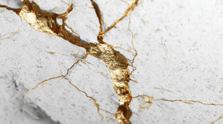 Close-up of a smooth surface with golden veins on white marble, showing natural elegance.の素材