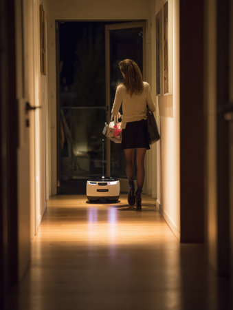 A woman walks through a sleek hallway while a robot carries her groceries, showing modern technology at night.の素材