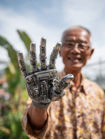 A senior man proudly displays a detailed robotic hand in a lush environment under a clear blue sky.の素材