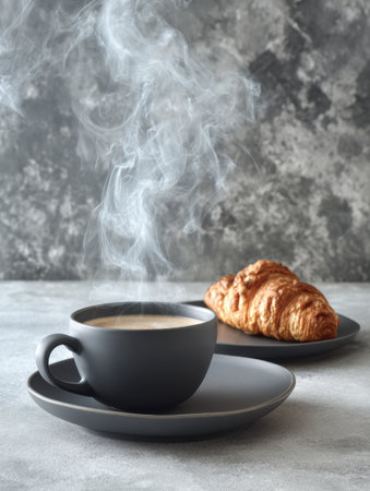 Warm coffee steams beside a golden croissant on a simple plate, creating a comforting breakfast scene.の素材