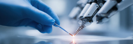 Human and robotic hand work together on precision task in modern laboratory with advanced technology and equipment.の素材