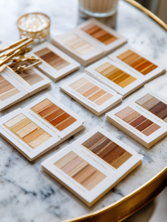 Color palettes in brown, orange, and beige are neatly arranged on a marble surface in a bright studio.の素材