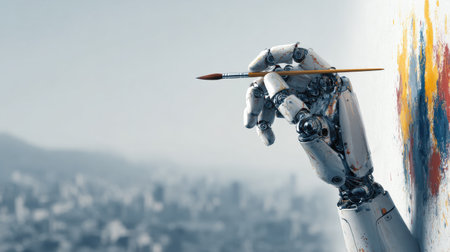 A robot arm holds a paintbrush and applies paint to a canvas. A city is faintly visible in the background.の素材