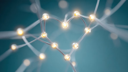 Network with glowing nodes is connected to create a heart shape against a blue backdrop.の素材
