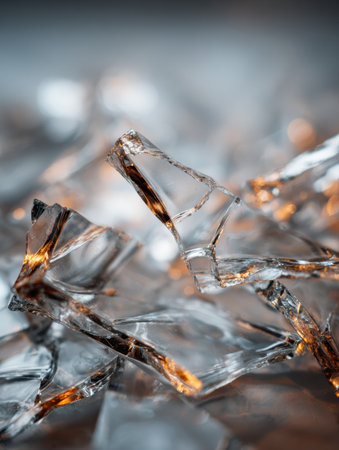 Close-up view of jagged glass fragments glimmering with warm tones, creating an abstract and textured visual experience.の素材