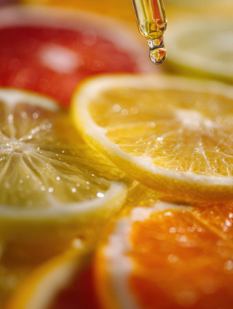 Juicy slices of lemon, orange, and grapefruit lay on a bright surface with a drop of liquid falling from above.の素材