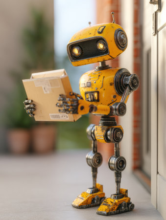 A small robot stands at a doorstep, holding a package with curiosity and excitement in its bright yellow hands.の素材
