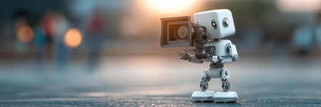 A small robot with a camera stands on a street, focused on filming as the sun sets over the urban landscape.の素材